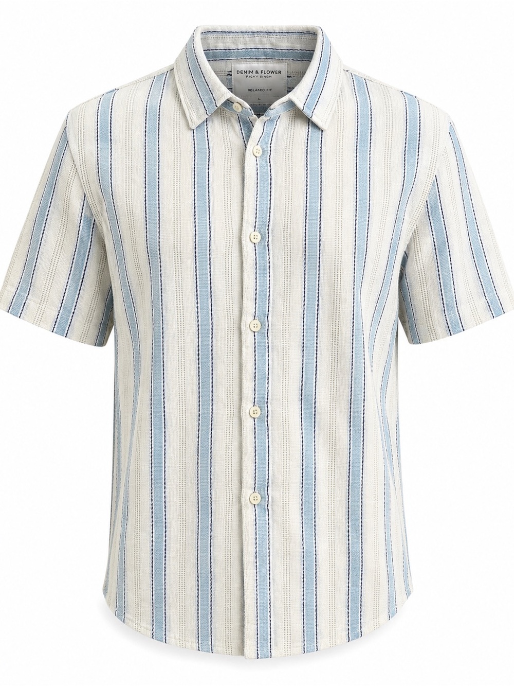 NWT Denim & Flower Ricky Singh Striped Shirt Blue Cream Large